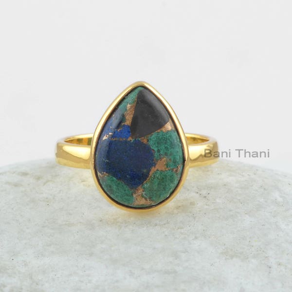 Bague Azurite, 10x14mm Forme Poire Azurite Gemstone Silver Ring-18k Plaqué Azurite Bague, 925 Sterling Silver Bezel Ring, Bijoux en pierres précieuses