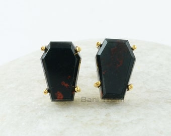 Bloodstone Stud Earrings - Sterling Silver - Gold Plated Studs - Prong Set Coffin - Birthstone Jewelry - Gift For Girls - Jewelry for Date