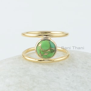 Copper Turquoise Statement Ring, Green Copper Turquoise 8mm Round Gemstone Silver Ring, Silver Gemstone Ring, 18k Gold Plated Ring