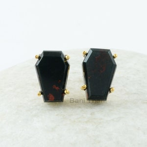 Bloodstone Stud Earrings - Sterling Silver - Gold Plated Studs - Prong Set Coffin - Birthstone Jewelry - Gift For Girls - Jewelry for Date