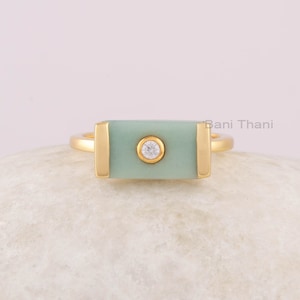 Green Chrysoprase Ring - Diamond Gold Plated Ring - Rectangle Gemstone Ring - Gift for Her - 925 Silver Ring - Cocktail Ring - Handmade Ring