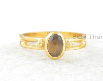 Tiger Eye Ring, Tiger Eye 5x7mm Oval Sterling Silver Gemstone Ring, 18k Gold Plated Ring, Silver Ring, Gift For Women