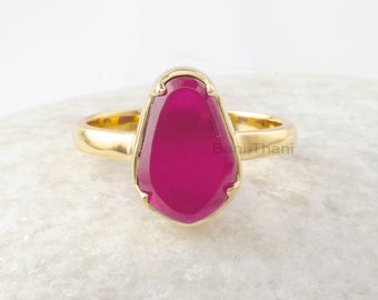 Anel de Rubi - Anel - Joia com Pedra Preciosa - Anel de Compromisso - Quartzo Rubi - Banhado a Ouro - Anel para Presente de Aniversário - Presente para Ela - Anel de 8 x 12 mm