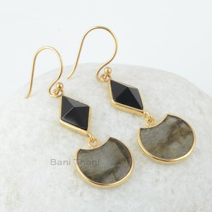 925 Silver Drop Earrings, Labradorite & Onyx Gemstone Drop Earrings, 18k Plated Gold Drop Earrings, Handmade Long Drop Earrings For Women