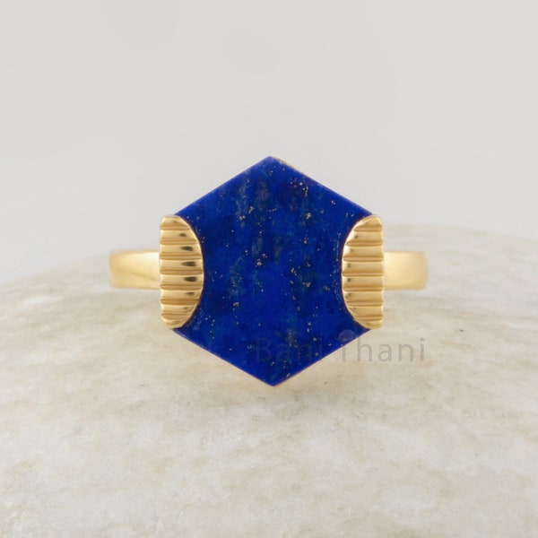 Bague Lapis Lazuli Bague en Argent Massif Faite à la Main 12x14mm Pierre Hexagonale Plate - Bijoux Artisan - Bijoux pour Bal - Cadeau pour Elle - Bague à Vendre