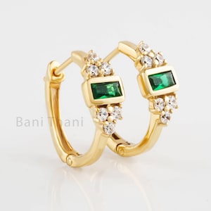 Emerald Earrings, 2.5x5mm Baguette Sty. Emerald Hoop Earrings For Women, 18k Gold Plated Sterling Silver Gemstone Earrings, Engagement Gift