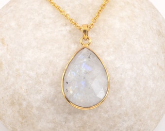 Rainbow Moonstone Necklace, Tiny Crystal Jewelry, Sterling Silver Teardrop Gemstone Necklace, Gold Plated Simple Necklace, Birthstone Gifts