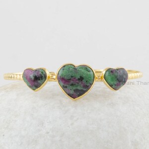 Ruby Zoisite Gemstone Bracelet - Gold Plated Bracelet - Heart Cuff Bangle - 925 Solid Silver - Gift for Birthday - Adjustable Cuff Bracelet