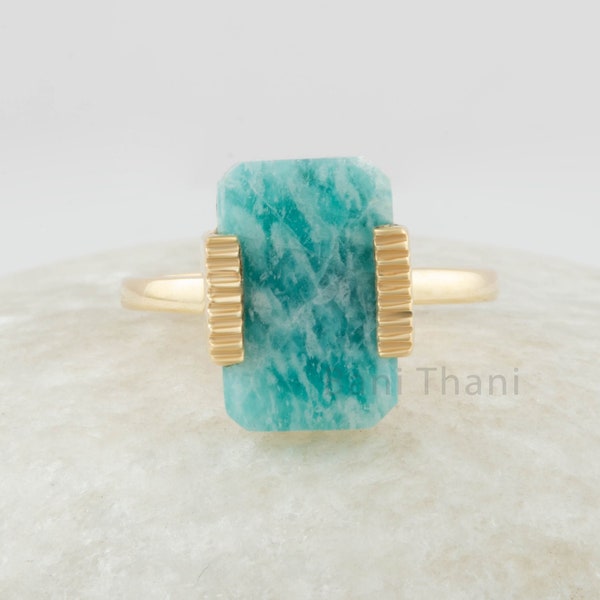 Amazonite Ring 9x14mm Flat Cushion Gemstone - 925 Solid Silver Gold Plated Ring - Amazonite Copper Jewelry - Jewelry for Girlfriend