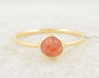 Bague en pierre de soleil - Argent pur - Bague artisanale de 5 mm - Bague plaquée or - Bijoux en pierre naturelle - Cadeau pour les filles