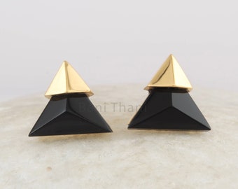 Onyx Silver Earrings, Black Onyx Studs For Womens, Triangle Pyramid Gemstone Earrings, Fancy Earrings For Young Girls, Christmas Gift Ideas