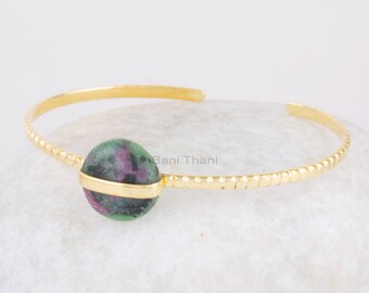 Ruby Zoisite Bracelet - Adjustable Bangle - Gemstone Silver Cuff Bracelet - Gold Plated Bracelet - 12mm Round Bracelet - Jewelry for Women