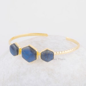Labradorite Hexagon Bracelet - Gemstone Cuff Bracelet - Gold Plated Bangle - 925 Solid Silver Bangle - Jewelry for Spouse - Handmade Jewelry
