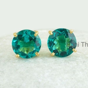 Teal Quartz 10mm Round Gemstone Stud Earrings, 18k Gold Plated 925 Sterling Silver Prong Set Earring, Gift For Mom, Anniversary Gift Earring
