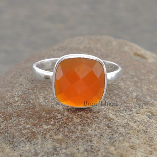 Fanta Orange Chalcedony Ring - 10mm Cushion Gemstone Ring - 925 Sterling Silver Ring - Gift For Her - Womens Gift Ring - Birthday Gift Ring