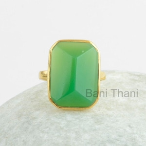Sterling Silver Ring-Green Chrysoprase Chalcedony 13x18mm Pyramid Gemstone Ring-Micron Gold Plated Ring-Solitaire Ring, Engagement Gift Ring