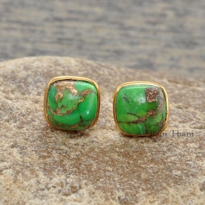 Copper Green Turquoise Stud Earrings - Handcrafted Studs - Cushion 9x9mm - Pure Silver - Jewelry For Protection - Gift For Wedding Day