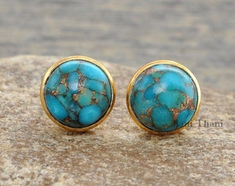 Copper Blue Turquoise Stud Earring - Handmade Studs - 925 Silver - 9mm Round -Wholesale Jewelry - Jewelry For Niece - Gift For Teens