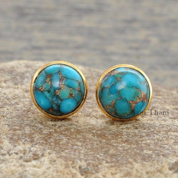 Copper Blue Turquoise Stud Earring - Handmade Studs - 925 Silver - 9mm Round -Wholesale Jewelry - Jewelry For Niece - Gift For Teens