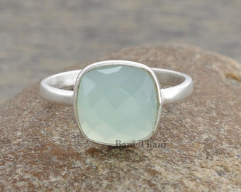 Aqua Chalcedony Ring, Chalcedony Cushion 10mm Faceted Gemstone Ring, 925 Sterling Silver Ring, Gift Ring, Engagement Gift Ring, Dainty Ring