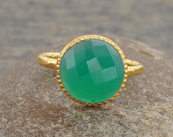 Anillo de piedras preciosas de ónix verde, verde Onyx Anillo de piedras preciosas de plata de ley 925 hermosa ronda 10mm Micron plateado