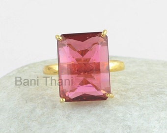 Bague en tourmaline rose, bague en argent, bague à griffes, bague plaquée or, bague en argent 925, bague en pierres précieuses rectangle 12x16mm, bague cadeau de Noël