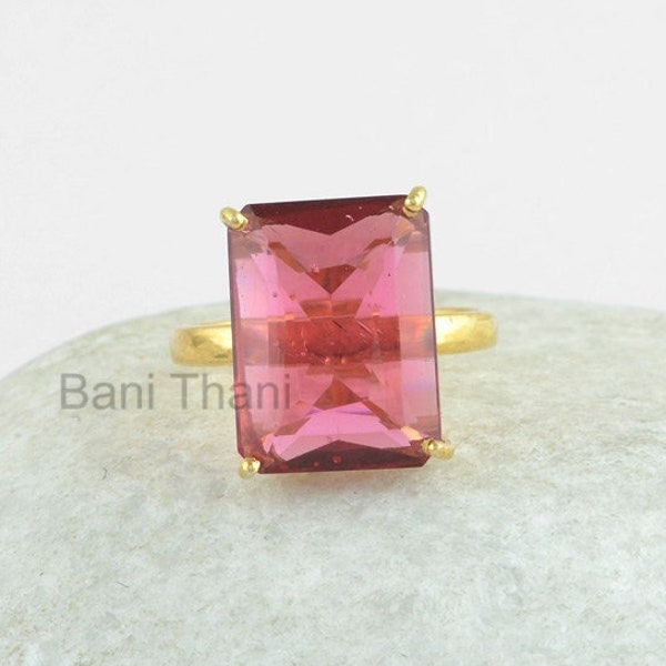 Pink Tourmaline Ring, Silver Ring, Prong Ring, Gold Plated Ring, 925 Silver Ring, Rectangle 12x16mm Gemstone Ring, Christmas Gift Ring