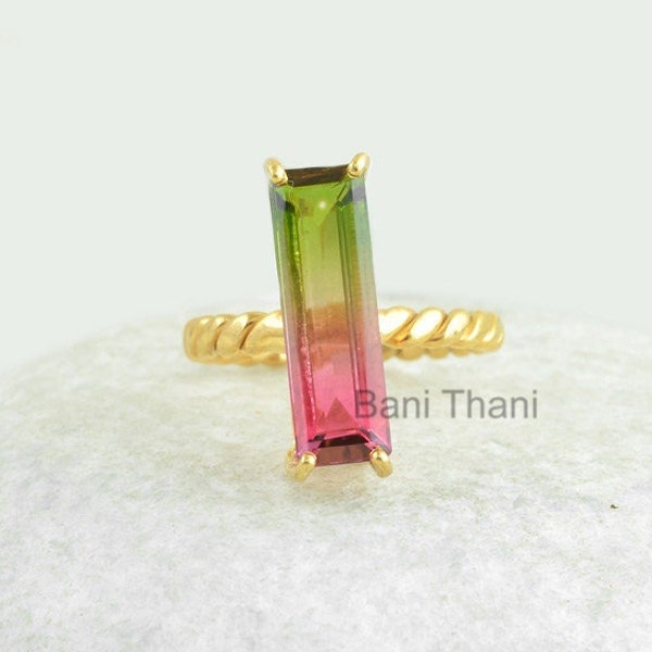 Watermelon Tourmaline Ring - 6x18mm Baguette Ring - 925 Sterling Silver Ring - Gold Plated Ring - Jewelry for Wholesale - Gift for The Beach