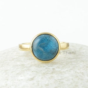 Blue Apatite Ring, Blue Apatite 10mm Round Gemstone Ring, 18k Gold Plated Ring, Sterling Silver Ring, Wedding Gift For Her