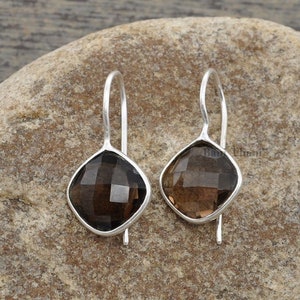 Beautiful Smoky Earring, Smoky Quartz 12mm Diamond Cushion Shape Gemstone Dangle Earring, 925 Sterling Silver Dangle Earring For Valentines