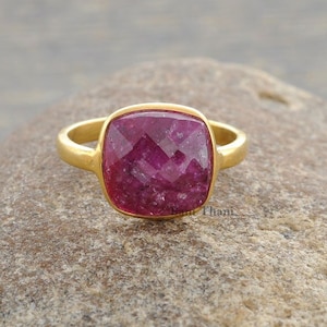 Ruby Ring, Ruby 10mm Cushion Shape Faceted Gemstone Silver Ring, 18k Gold Plated Ruby Ring, 925 Sterling Silver Bezel Ring, Gemstone Jewelry