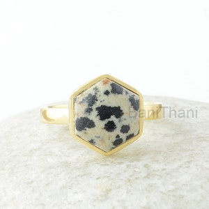 Dalmatian Jasper Ring - 10mm Hexagon Ring - Gold Plated Ring - Gemstone Jewelry  - 925 Silver - Jewelry for Friend - Gift for New Beginning