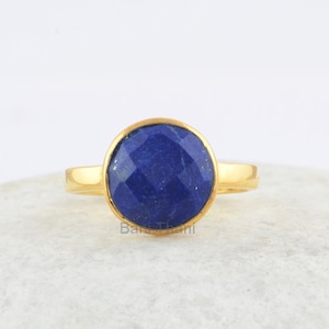 925 Sterling Silver Ring - Lapis Lazuli Ring - 10mm Round Gemstone Ring - Gold Plated Ring - Bezel Ring - Gift for Women - Handmade Jewelry