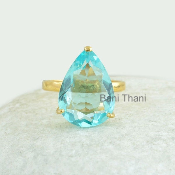 Aqua Quartz Pear Gemstone Ring - Prong Set Gold Plated Ring - Sterling Silver Handmade Ring for Prom - Gift for Women - Jewelry for Writer