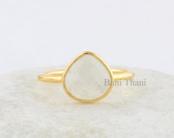 White Rainbow moonstone Faceted Pear shape Ring - Gemstone Pear Ring - Micron Gold Plated 925 Sterling Silver Bezel Ring Jewelry For Womens