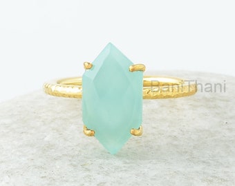 Aqua Chalcedony Ring, Aqua Chalcedony 8x15mm Hexagon Gemstone Prong Set Ring, Gold Plated Ring, Chalcedony Ring, Silver Ring, Gift For Mom