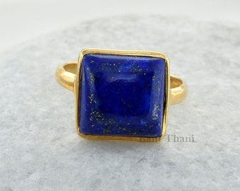 Lapis Lazuli Ring美しい広場12x12mmミクロンゴールドメッキ925スターリングシルバージェムストーンリング - ＃1042