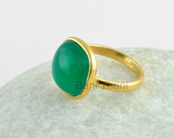 Onyx Ring, Green Onyx 12mm Cushion Shape Ring, 925  Ring for Women, 18k Gold Plated Bezel Ring, Green Stone Ring