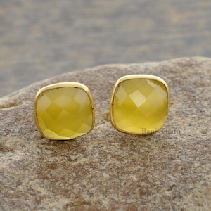 Yellow Chalcedony Faceted 9mm Cushion Micron Gold Plated 925 Sterling Silver Stud Earrings  - #1656