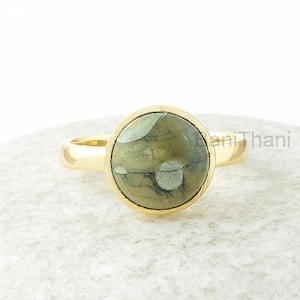 Rhyolite Ring, Green Rhyolite 10mm Round Gemstone Ring, Silver Ring, Gold Plated Ring, Gemstone Jewelry Ring, Jewelry Gift For Wife