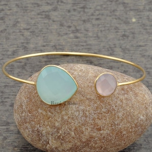Aqua Chalcedon 18mm, Rosa Chalcedon 10mm Armreif - Armbänder - Gold Armreif - Edelstein Armreif - Sterling Silber Armreif # 1417