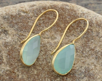 Chalcedony Earring, Aqua Chalcedony Faceted Pear 10x15mm Gold Dangle Earrings, 925 Sterling Silver Earrings, 18k Gold Plated Dangle Earrings