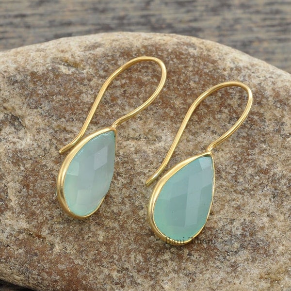 Aqua Chalcedony Earrings, Faceted Pear Gemstone Dangle Earrings, 18K Gold Plated