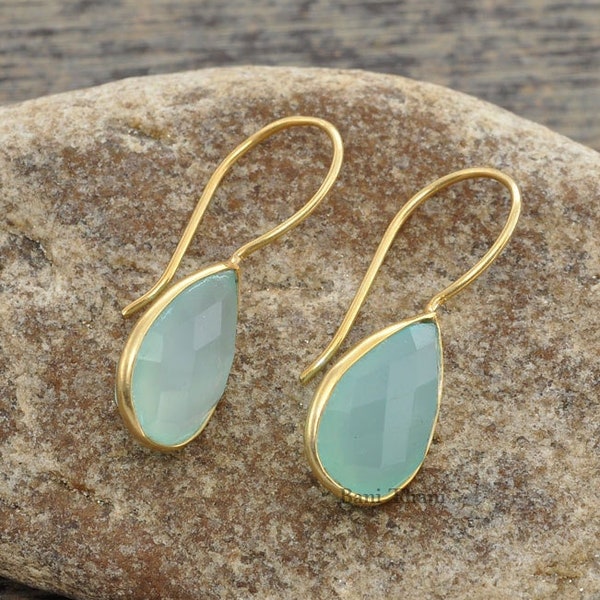 Chalcedony Earring, Aqua Chalcedony Faceted Pear 10x15mm Gold Dangle Earrings, 925 Sterling Silver Earrings, 18k Gold Plated Dangle Earrings