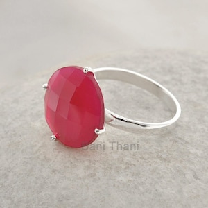 Hot Pink Chalcedony Gemstone Ring - Round 15mm Solid 925 Silver Prong Ring - Jewelry for Women - Christmas Gift Ring for Wife - Gift for Her
