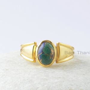 Designer Copper Azurite Ring - Copper Azurite 6x8mm Oval Gemstone Ring - Silver Ring - 18k Gold Plated Stylish Bezel Ring - Gift For Mother