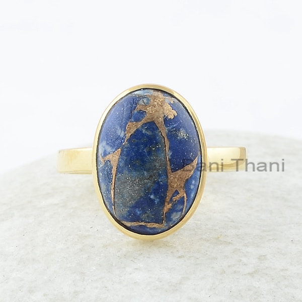 Copper Lapis Ring, Copper Lapis Lazuli 10x14mm Oval Silver Ring, Gemstone Silver Ring, Gold Plated Ring, Lapis Ring, Wedding Gift for Bride