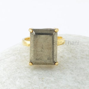 Pirite Silver Ring, Pyrite 12x16mm Rectangle Gemstone Prong Set Ring, Sterling Silver Ring, 18k Gold Plated Ring, Engagement Gift For Women immagine 1