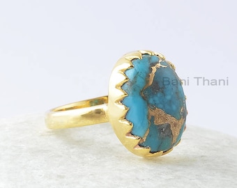 Copper Turquoise Ring, Copper Blue Turquoise 10x14mm Oval Sterling Silver Ring, Zig Zag Bezel Ring, Gemstone Ring, Gift For Her