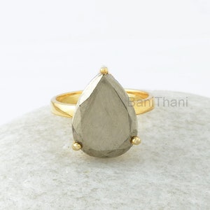 Pyrite Silver Ring, Pyrite 12x16mm Pear Gemstone Prong Set Ring, Pyrite Ring, Silver Ring, Gold Plated Ring, Engagement Gift For Women